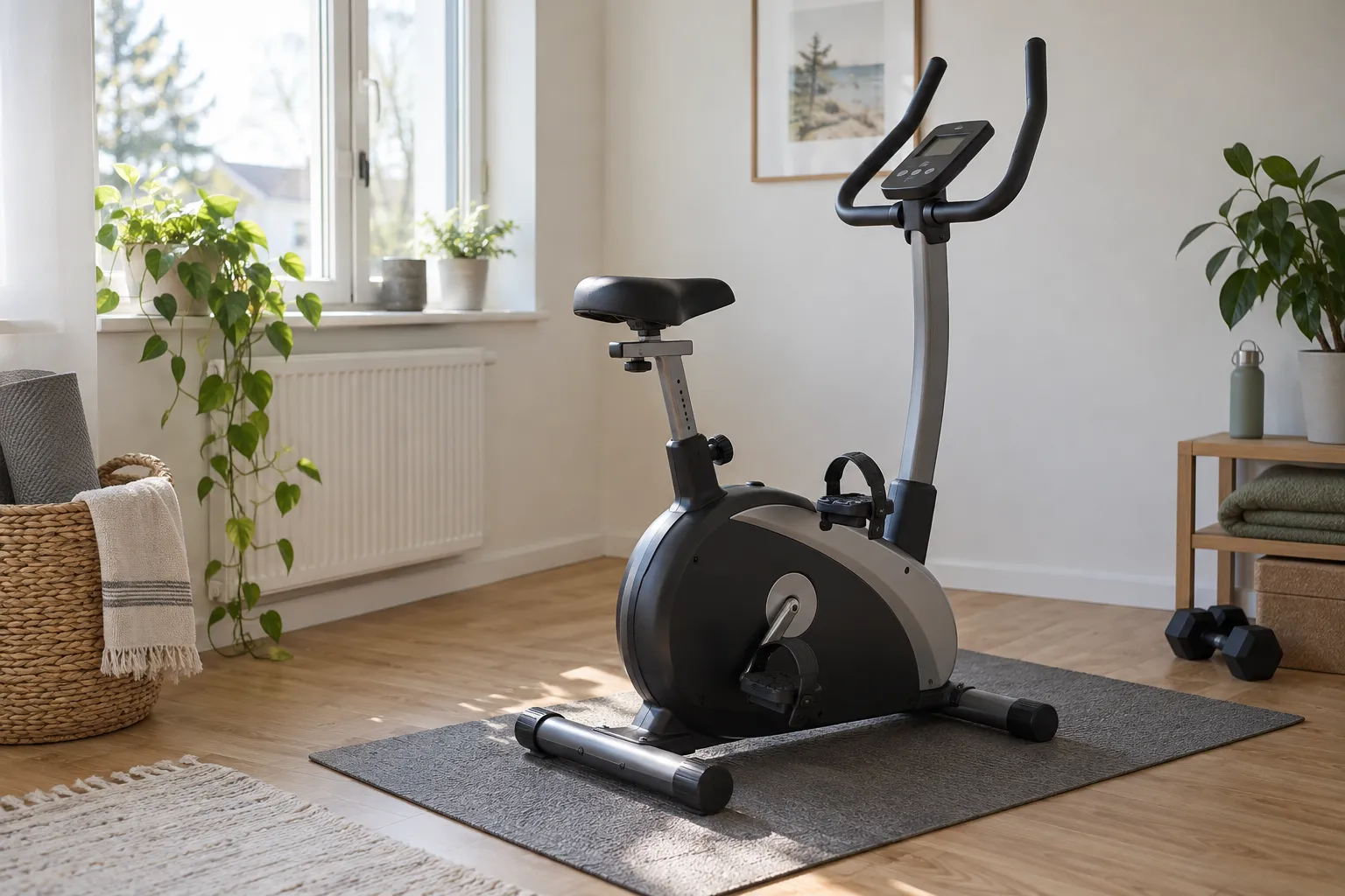Generisk motionscykel i ett ljust hemmarum