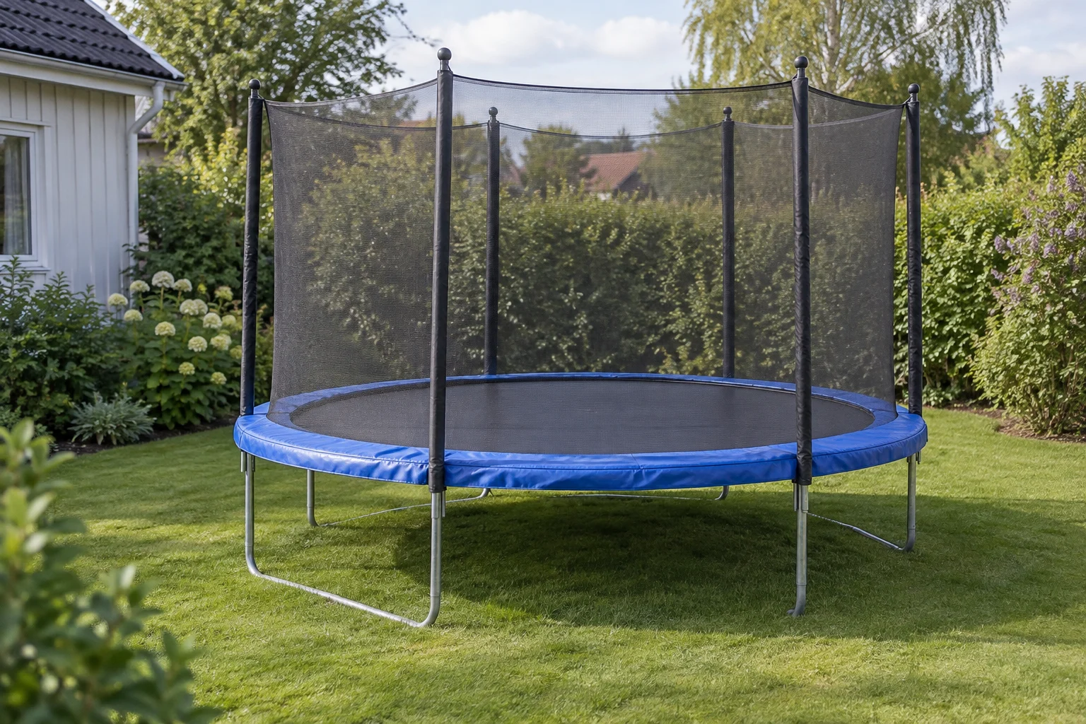 Rund trädgårdsstudsmatta med hoppduk, blått kantskydd och säkerhetsnät