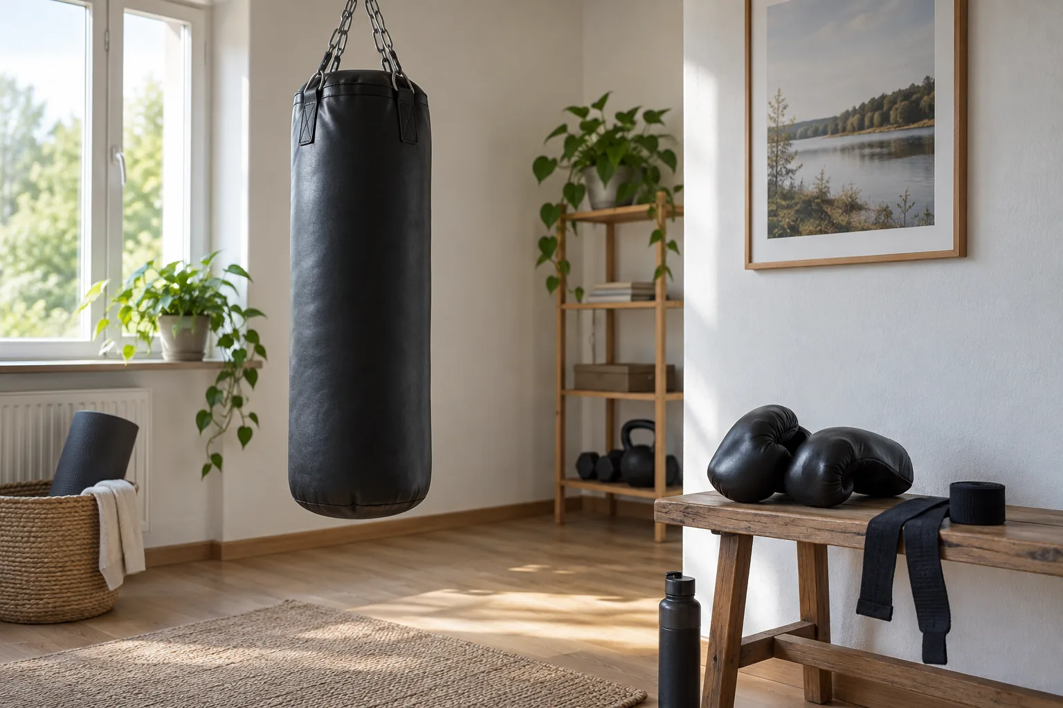 Generiska boxhandskar och lindor bredvid en säck i en träningshörna