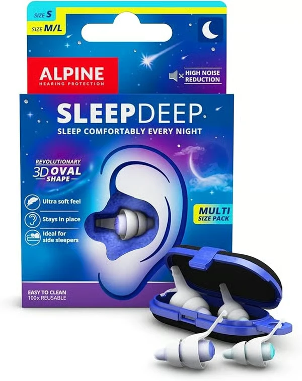 SleepDeep Multipack-förpackning märkt S och M/L med två par proppar och fodral