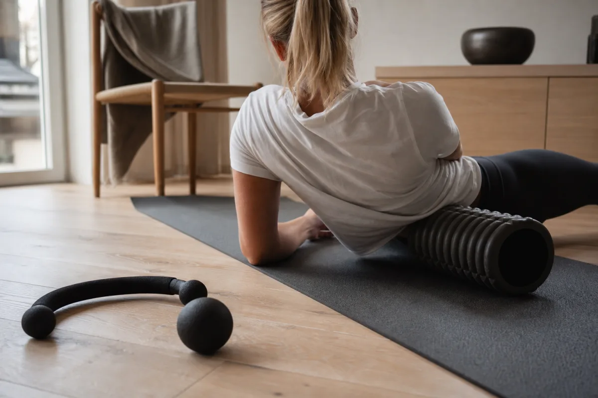 Bästa redskapen för 10-minuters rörlighetspass – foam roller, massageboll och band — illustration