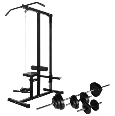 vidaXL Power tower med skivstång och hantlar 30,5 kg