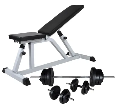 vidaXL Träningsbänk med skivstång och hantlar 60,5 kg
