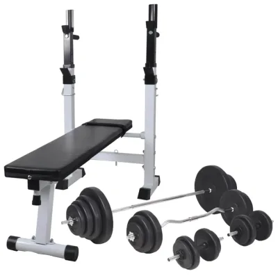 vidaXL Träningsbänk set med viktställning skivstång och hantlar 120 kg